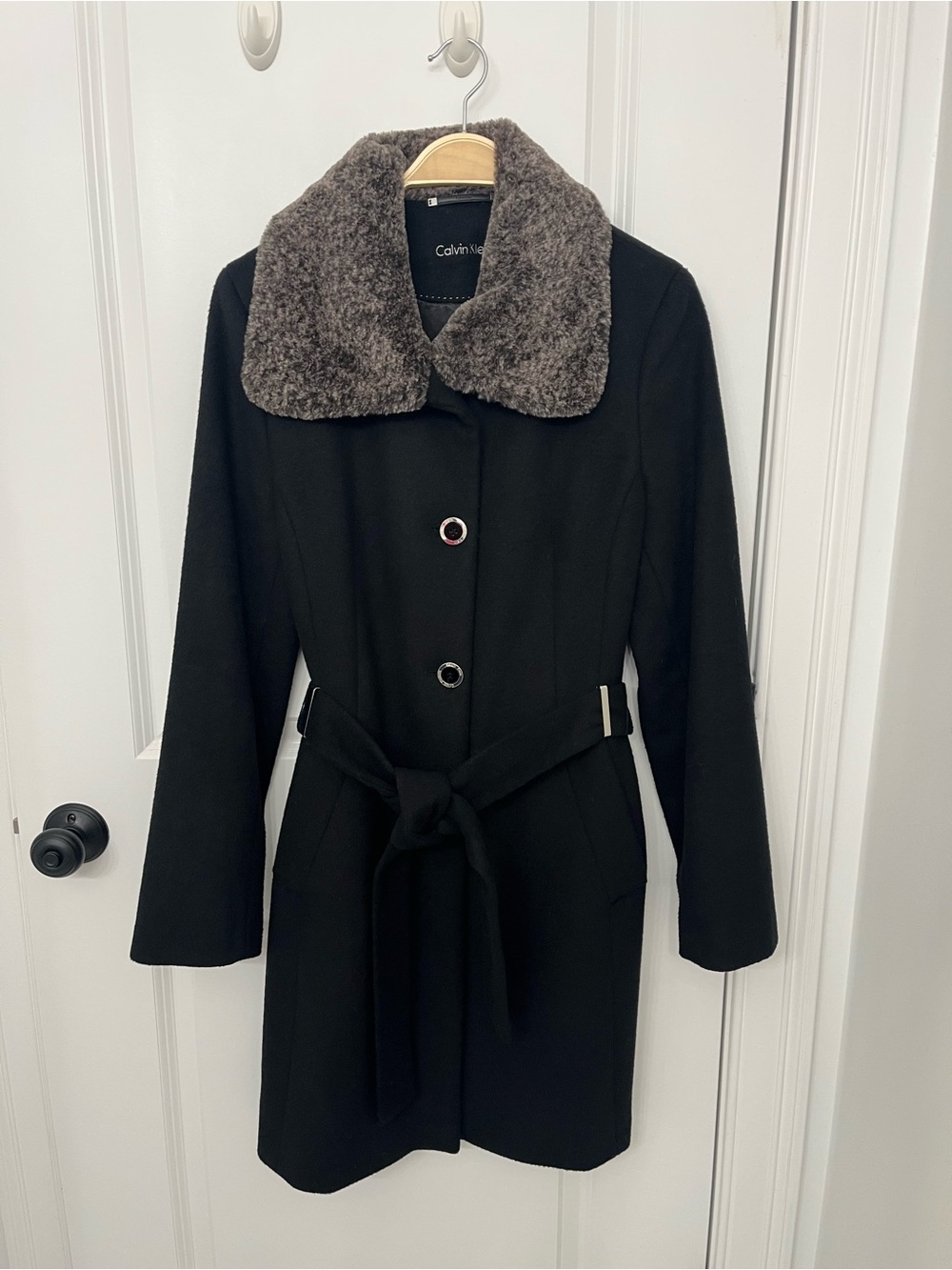 Calvin Klein Black Coat with Gray Faux Fur Collar and Waist Tie